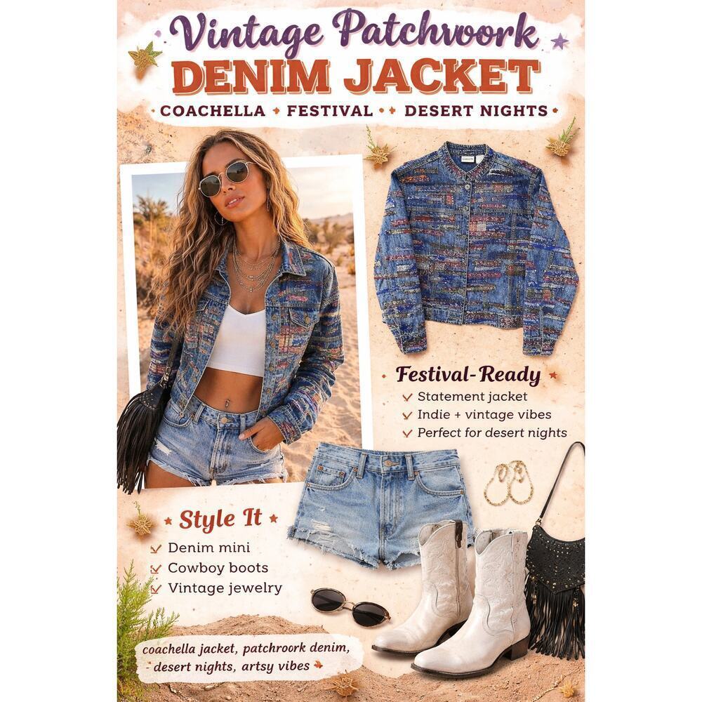 Vintage Patchwork Denim Jacket Coachella Festival Artsy Statement Jacket